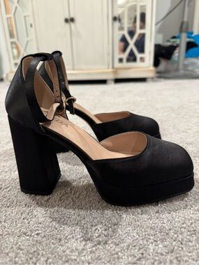 Zara Black Platform Block Heel Mary Jane with Ankle Strap